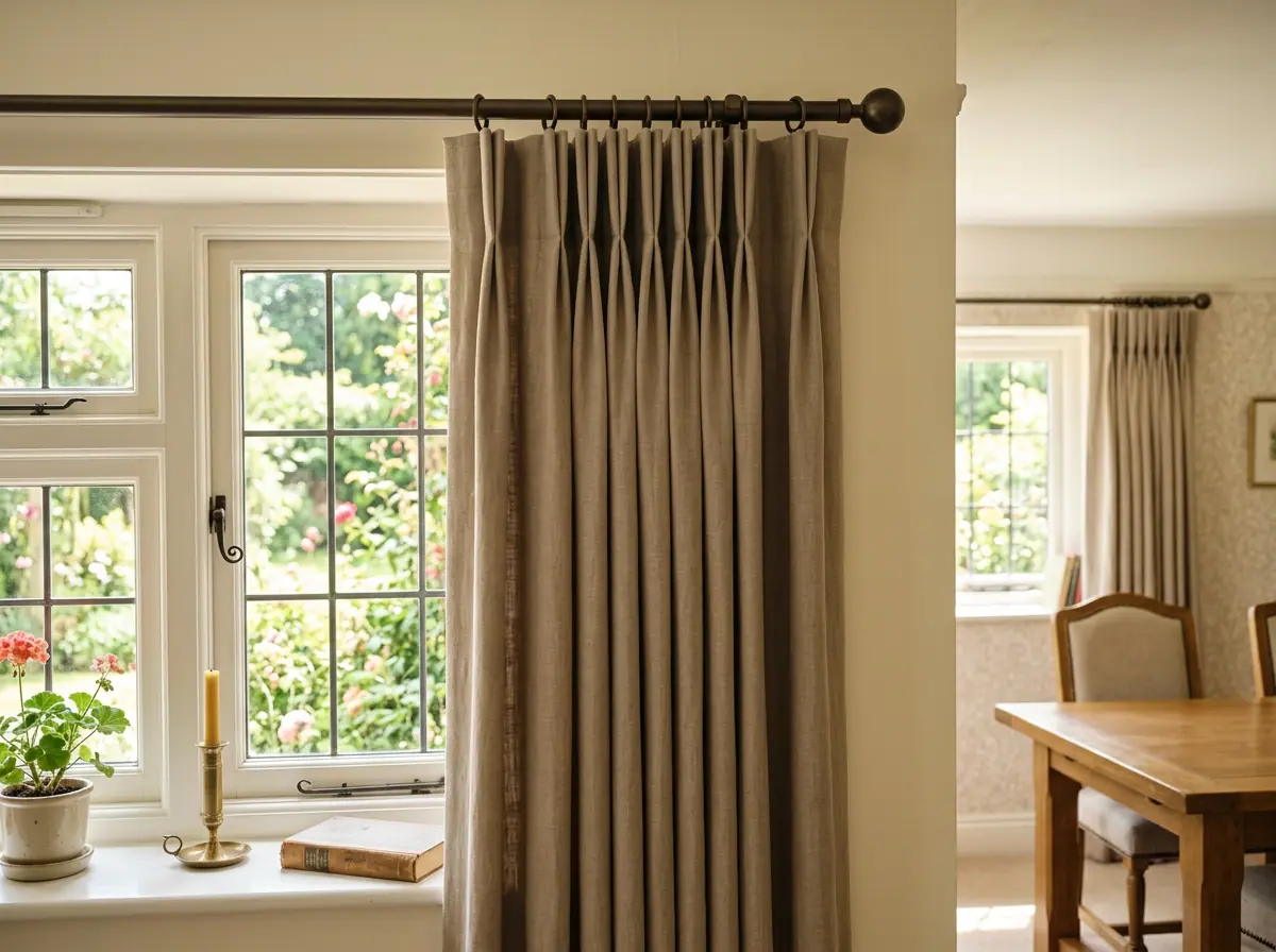 Pencil pleat curtains in warm taupe in a dining room