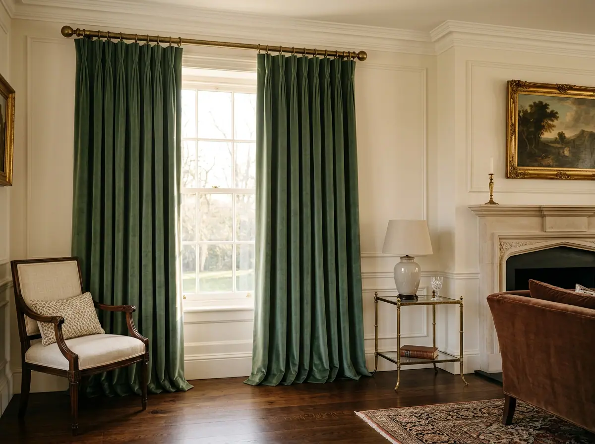 Sage green pinch pleat curtains on a brass pole in a bedroom