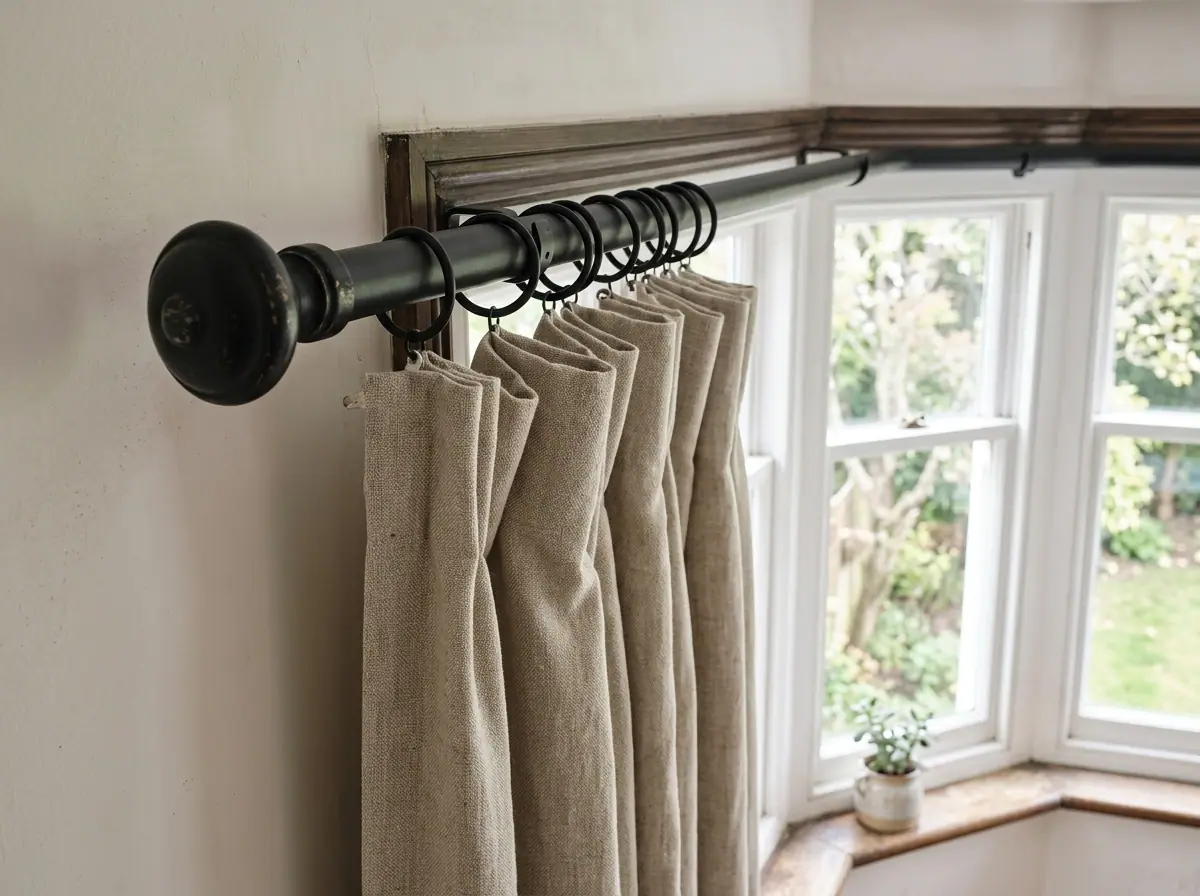Curtains hanging from a black curtain pole