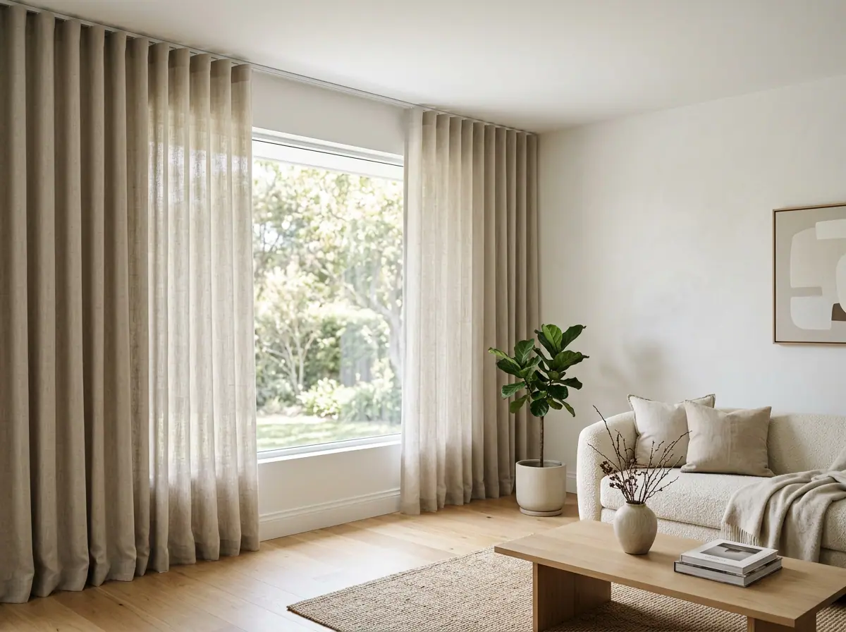 Oatmeal wave-heading curtains framing a sash window