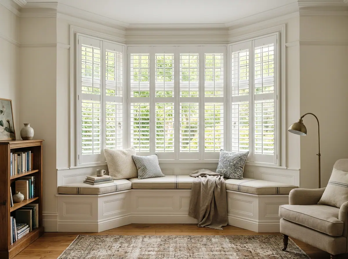 Shutters fitted in a Victorian bay window