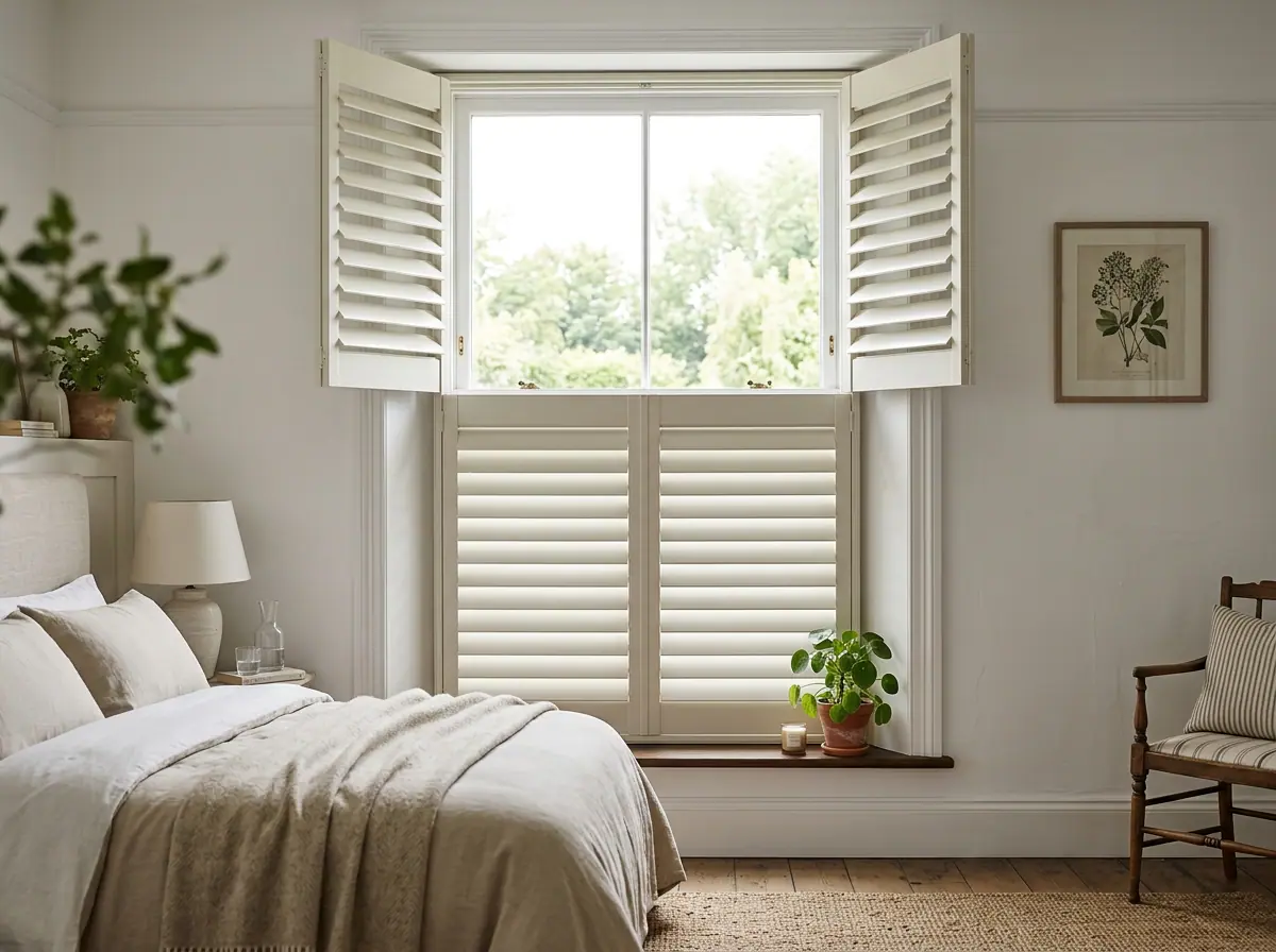 Off-white tier-on-tier shutters in a bedroom